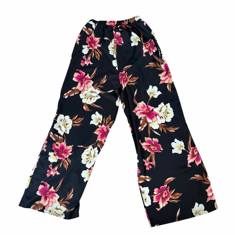 AFRM Black Wide-Leg Floral Pants with Pink & Cream Blooms